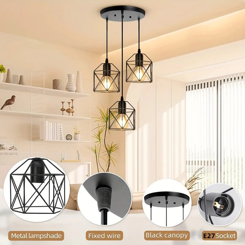 Vintage Pendant Lamp 3 head  Hanging Lamp Ceiling Chandelier Metal Shade E27 Black, suitable for living room, dining room