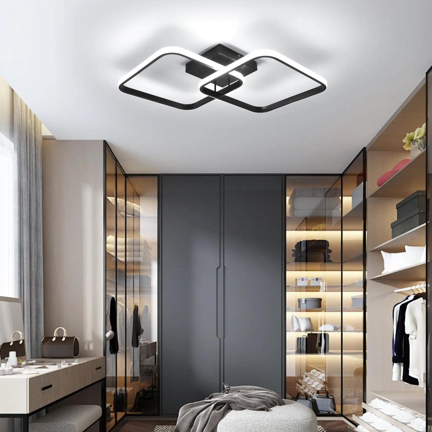 LED Ceiling Light Living Room Design,42W 4700LM Square Acrylic Ceiling Lamp,Black Modern Aluminum Ceiling Light Fixture