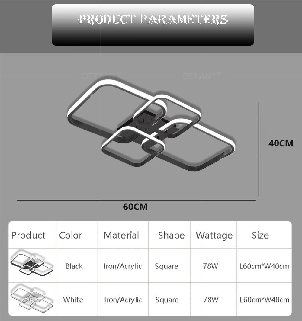 Modern LED Ceiling Lights Square 4 Heads Black And White Decorative Lamps For Bedroom Living Room Study Dining Room Home Fixture