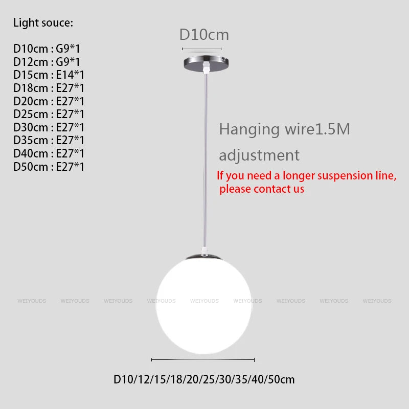 White circular glass ball pendant light, bar restaurant shop decorative light, study room bedroom light, bar desk lamp