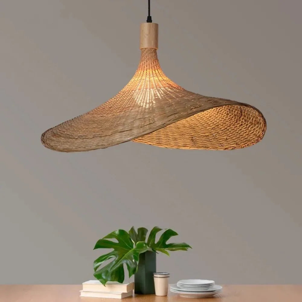 Pendant Light Rattan Hanging Lights Cord Bamboo Hanging Lamp Dimmable Basket Lamp Shade,Hemp Rope Plug in Ceiling Light Fixture
