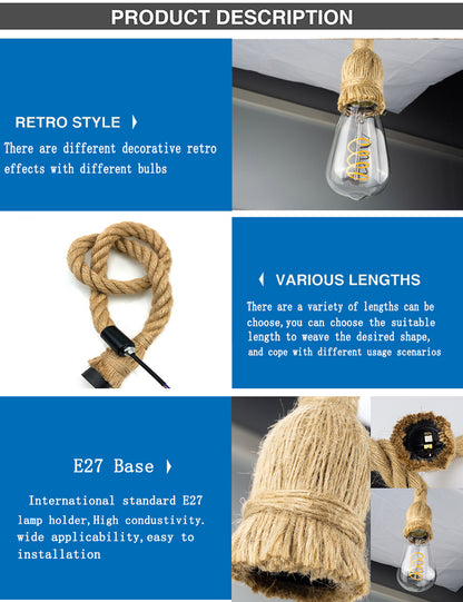 Industrial E27 Vintage Hemp Rope Pendant Lights Attic Personality Indoor Lightings for Loft/Living Room/Bar Pendant Chandelier