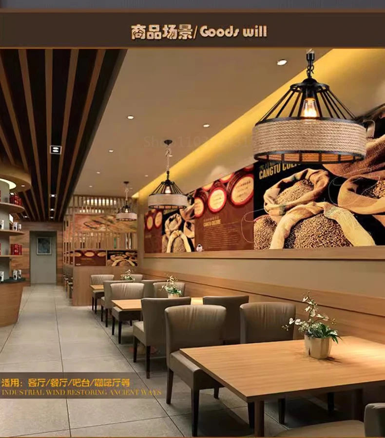 Classical Hemp Rope Pendant Hanging Lamp Lustre for Ceiling Chandelier Classic Retro Antique Industrial Iron Dining Room Light