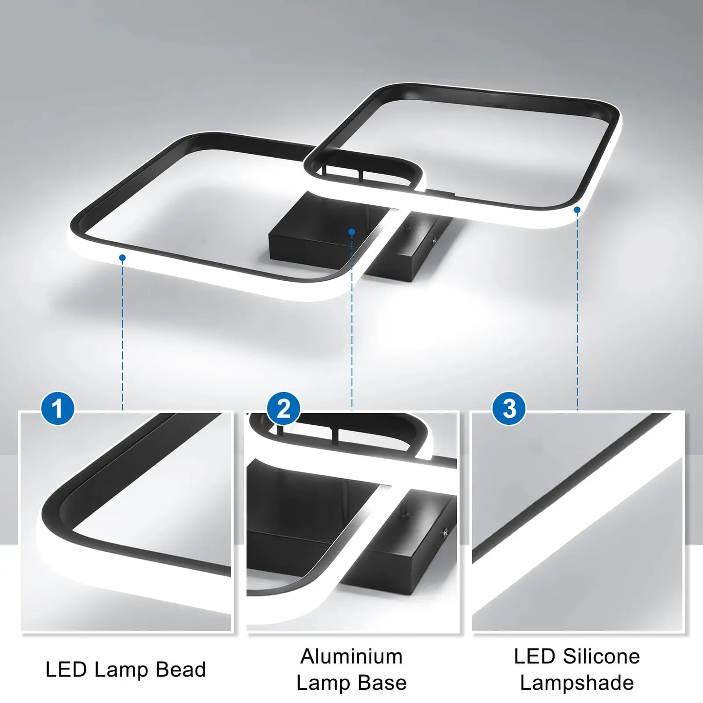 LED Ceiling Light Living Room Design,42W 4700LM Square Acrylic Ceiling Lamp,Black Modern Aluminum Ceiling Light Fixture