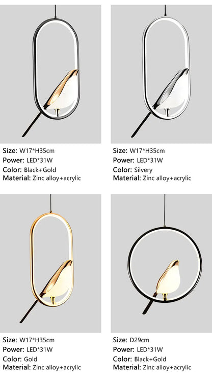 Magpie Bird LED Cord Pendant Lamps AC85-265V Indoor LED Chandelier Lights for Bedside Bedroom Indoor Black Silver Hanging Lights