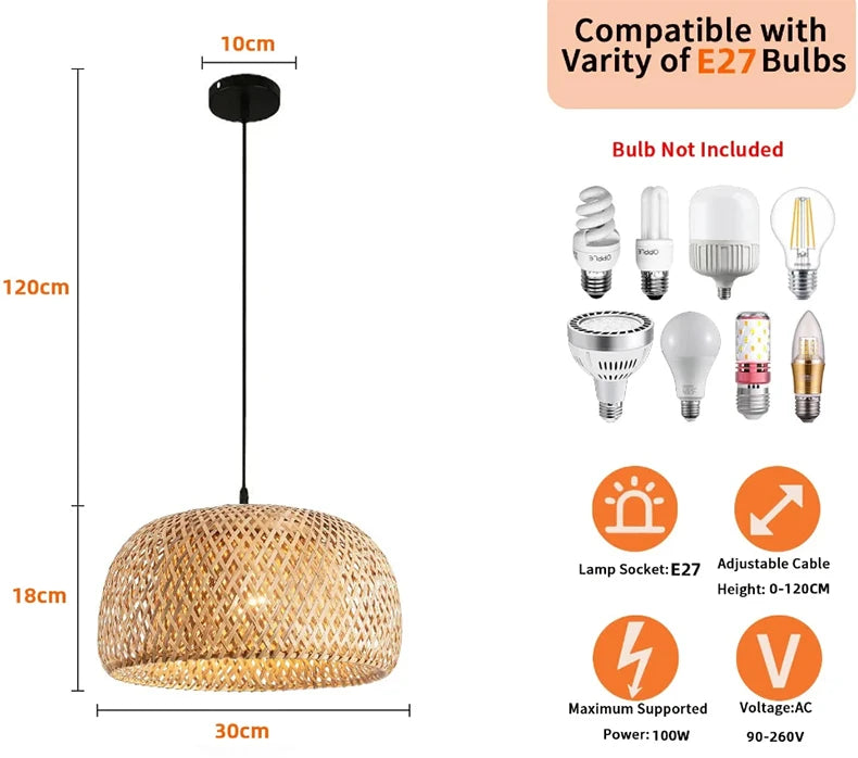 Bamboo Lantern 30cm Pendant Lamp Natural Rattan Wicker E27 LED Chandeliers Hand-Woven Lampshades Lighting Fixture Hanging Light