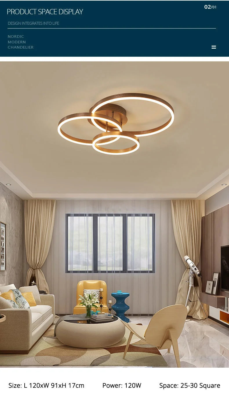 Black Led Chandeliers 3 Circle Bedroom Metal Living Dining Room Nordic Lighting Chandelier Brown Glossy Lamp Home Indoor Lamps