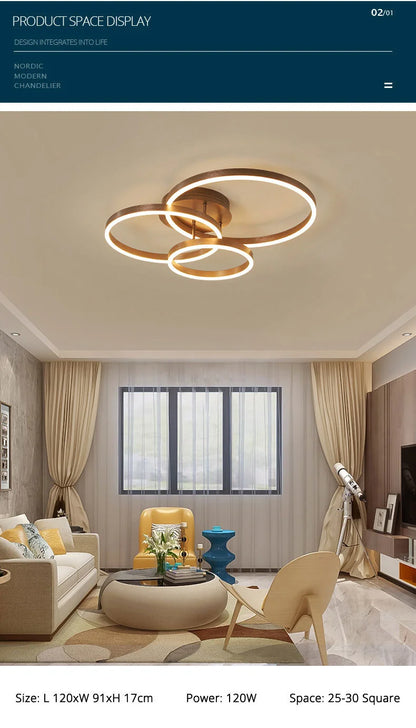 Black Led Chandeliers 3 Circle Bedroom Metal Living Dining Room Nordic Lighting Chandelier Brown Glossy Lamp Home Indoor Lamps
