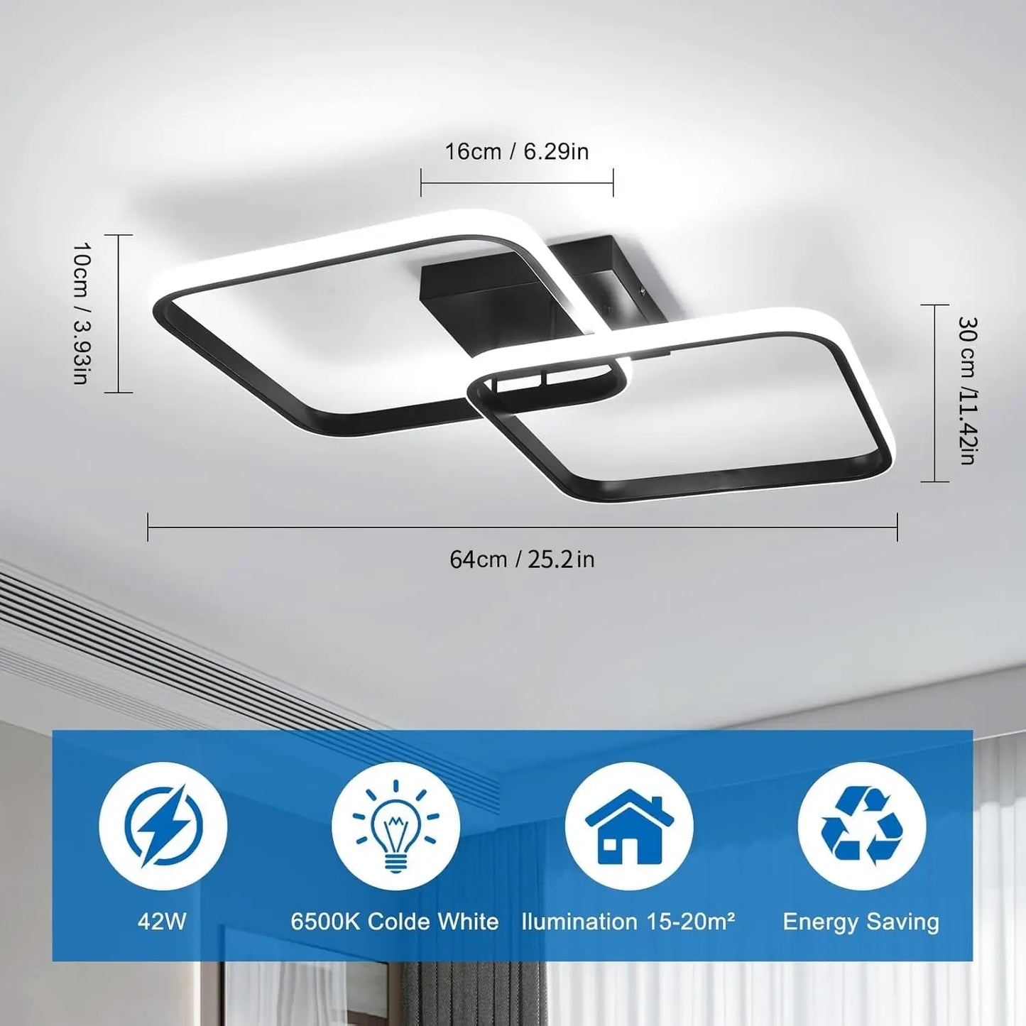 LED Ceiling Light Living Room Design,42W 4700LM Square Acrylic Ceiling Lamp,Black Modern Aluminum Ceiling Light Fixture