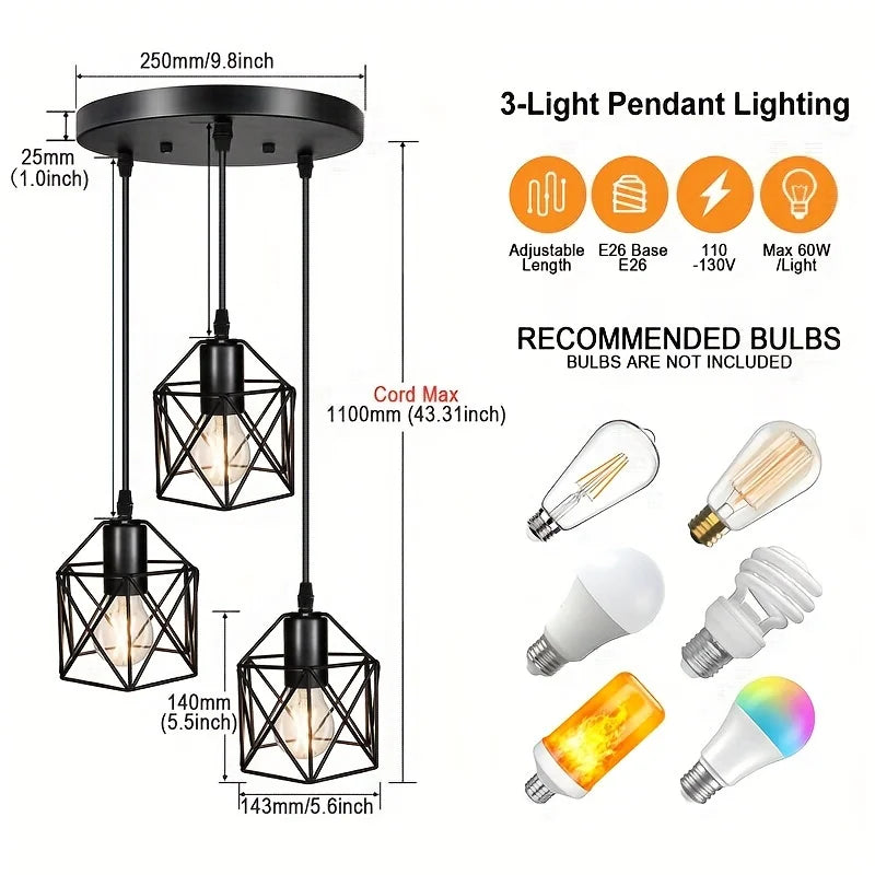 Vintage Pendant Lamp 3 head  Hanging Lamp Ceiling Chandelier Metal Shade E27 Black, suitable for living room, dining room