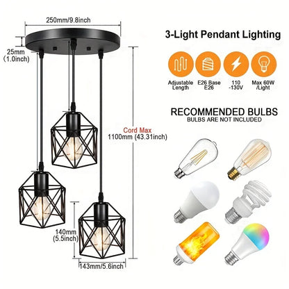 Vintage Pendant Lamp 3 head  Hanging Lamp Ceiling Chandelier Metal Shade E27 Black, suitable for living room, dining room