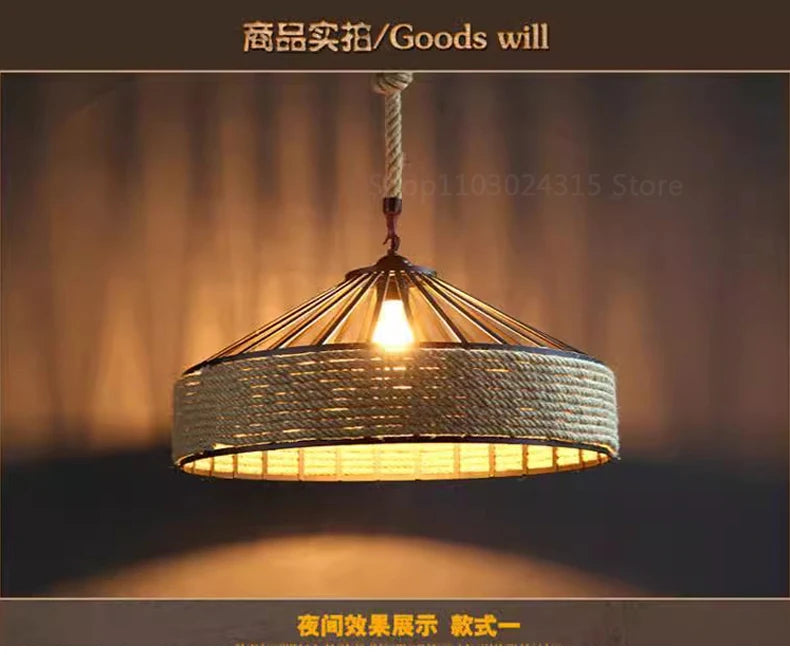 Classical Hemp Rope Pendant Hanging Lamp Lustre for Ceiling Chandelier Classic Retro Antique Industrial Iron Dining Room Light