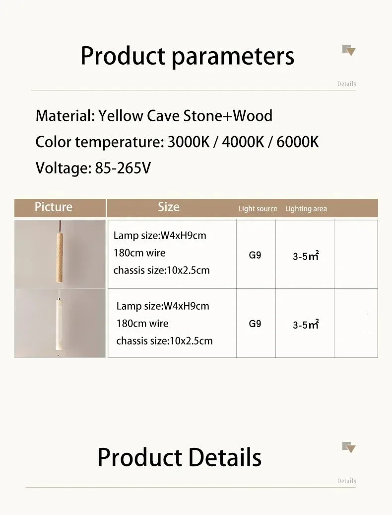 Led Pendant Lamp Long Tube Wood Ceiling Lamp Japan Style Quiet Wind Bedroom Bedside Chandelier Retro Modern travertine  lighting