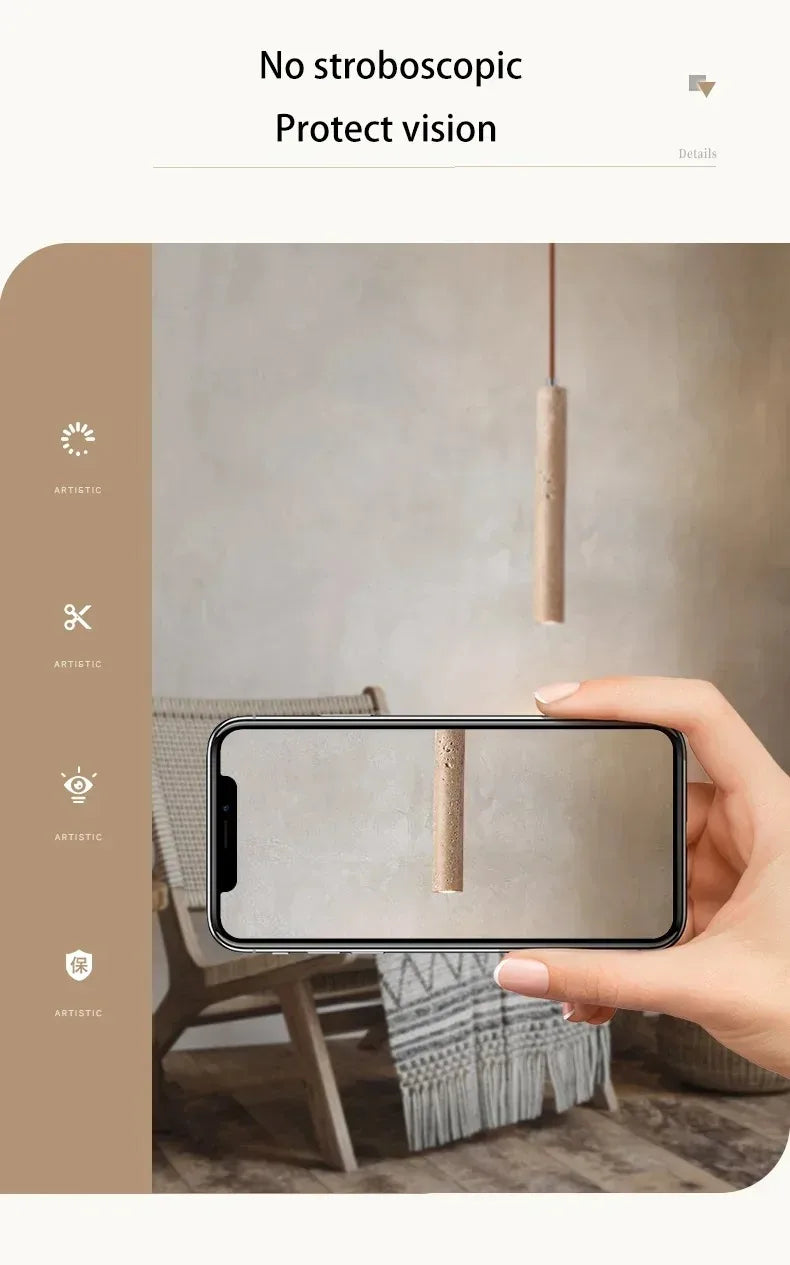 Led Pendant Lamp Long Tube Wood Ceiling Lamp Japan Style Quiet Wind Bedroom Bedside Chandelier Retro Modern travertine  lighting