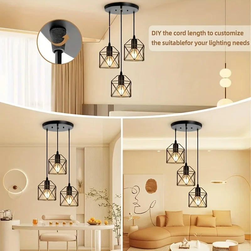 Vintage Pendant Lamp 3 head  Hanging Lamp Ceiling Chandelier Metal Shade E27 Black, suitable for living room, dining room