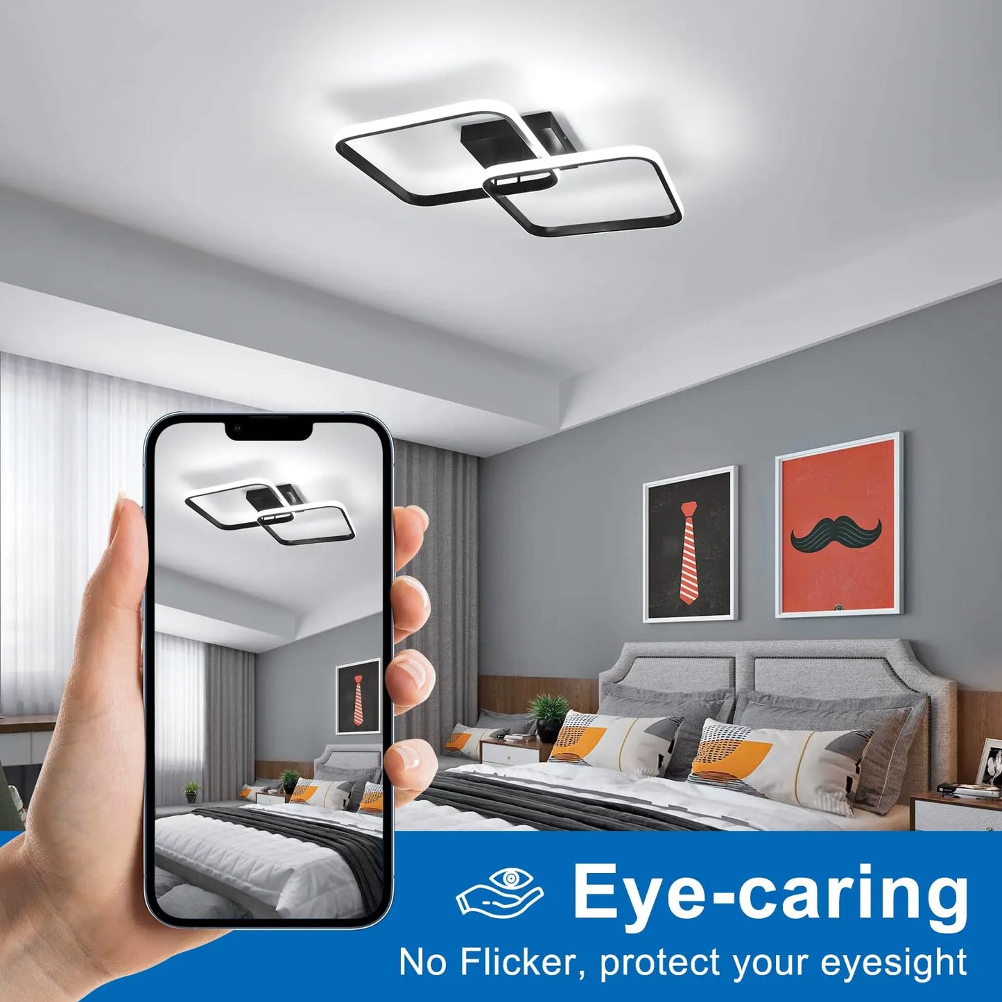 LED Ceiling Light Living Room Design,42W 4700LM Square Acrylic Ceiling Lamp,Black Modern Aluminum Ceiling Light Fixture