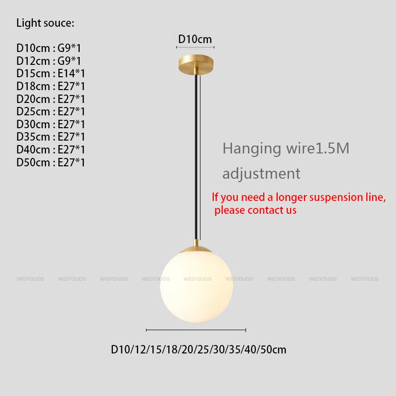 White circular glass ball pendant light, bar restaurant shop decorative light, study room bedroom light, bar desk lamp