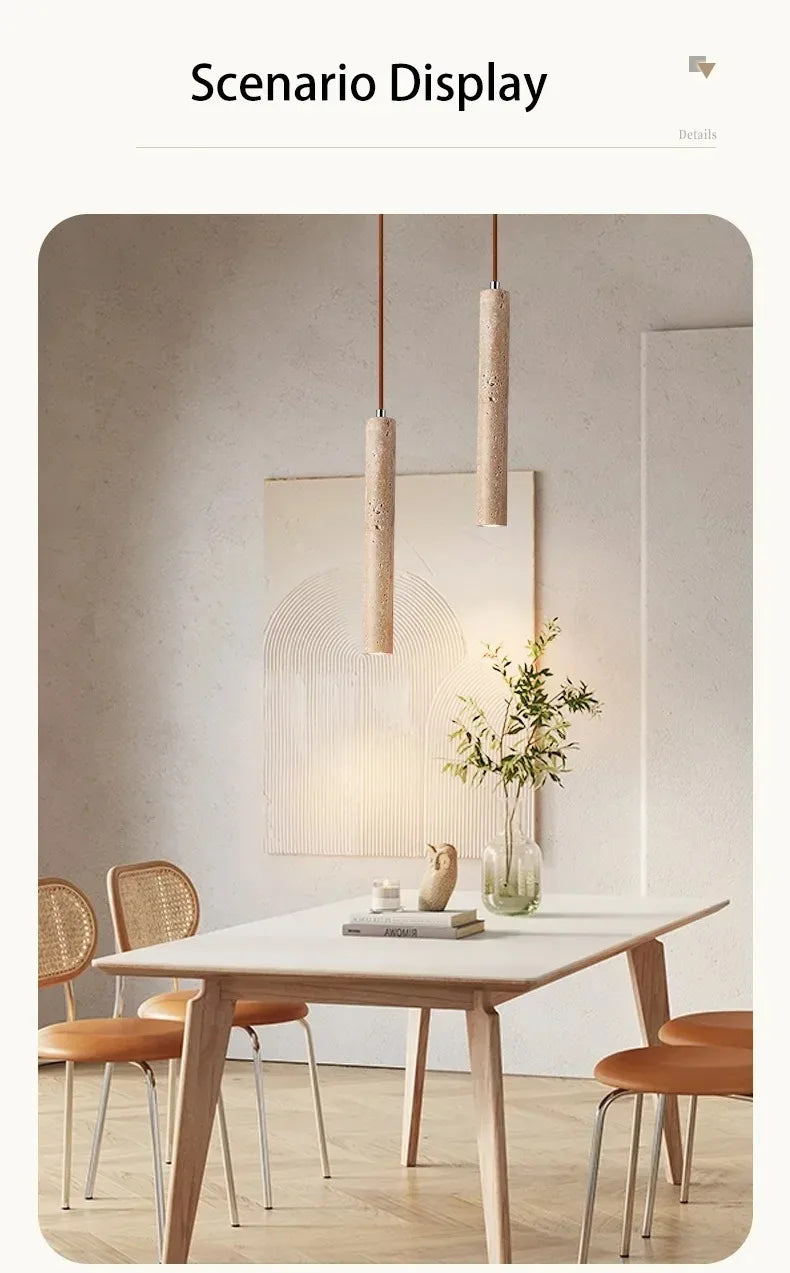 Led Pendant Lamp Long Tube Wood Ceiling Lamp Japan Style Quiet Wind Bedroom Bedside Chandelier Retro Modern travertine  lighting