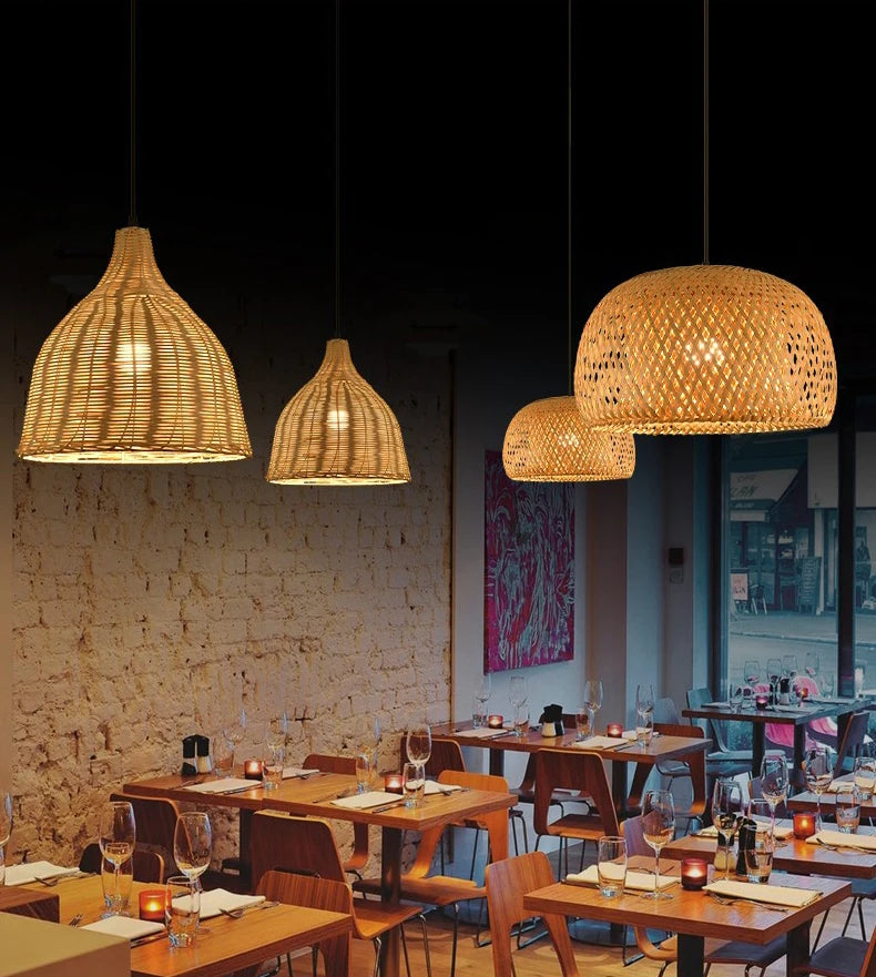 Bamboo Lantern 30cm Pendant Lamp Natural Rattan Wicker E27 LED Chandeliers Hand-Woven Lampshades Lighting Fixture Hanging Light