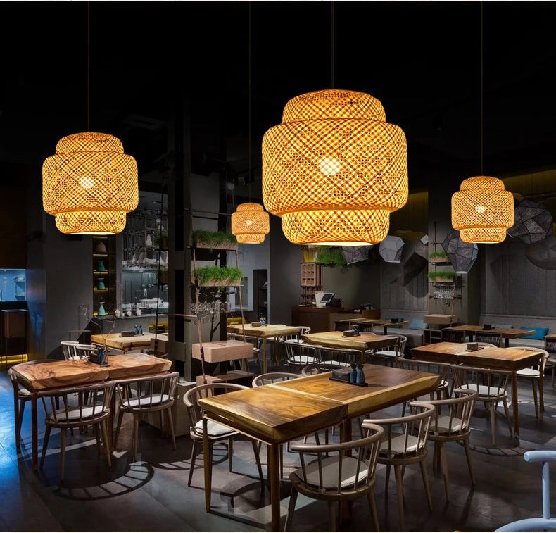 Bamboo Lantern 30cm Pendant Lamp Natural Rattan Wicker E27 LED Chandeliers Hand-Woven Lampshades Lighting Fixture Hanging Light