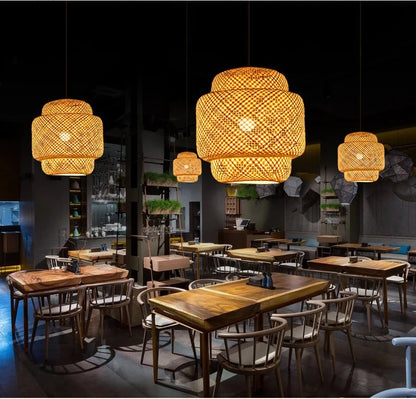 Bamboo Lantern 30cm Pendant Lamp Natural Rattan Wicker E27 LED Chandeliers Hand-Woven Lampshades Lighting Fixture Hanging Light
