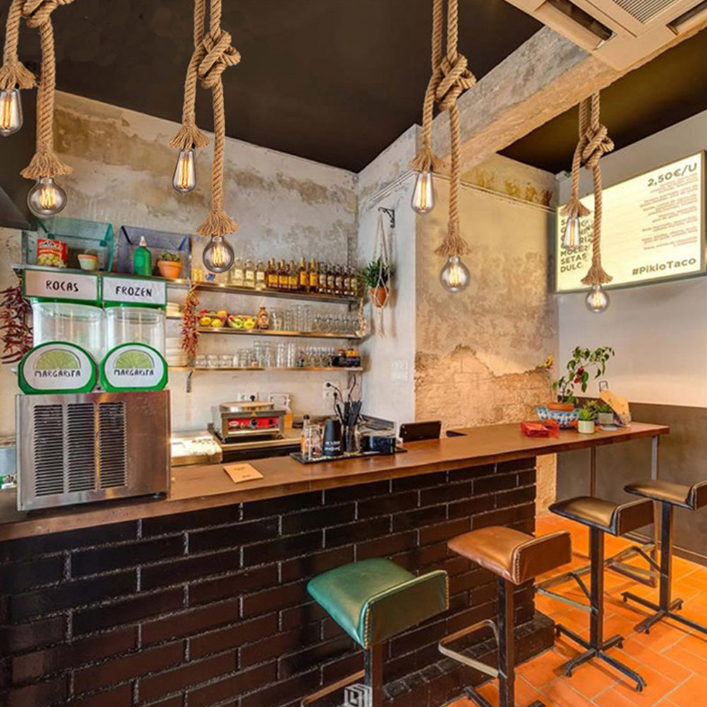 Industrial E27 Vintage Hemp Rope Pendant Lights Attic Personality Indoor Lightings for Loft/Living Room/Bar Pendant Chandelier